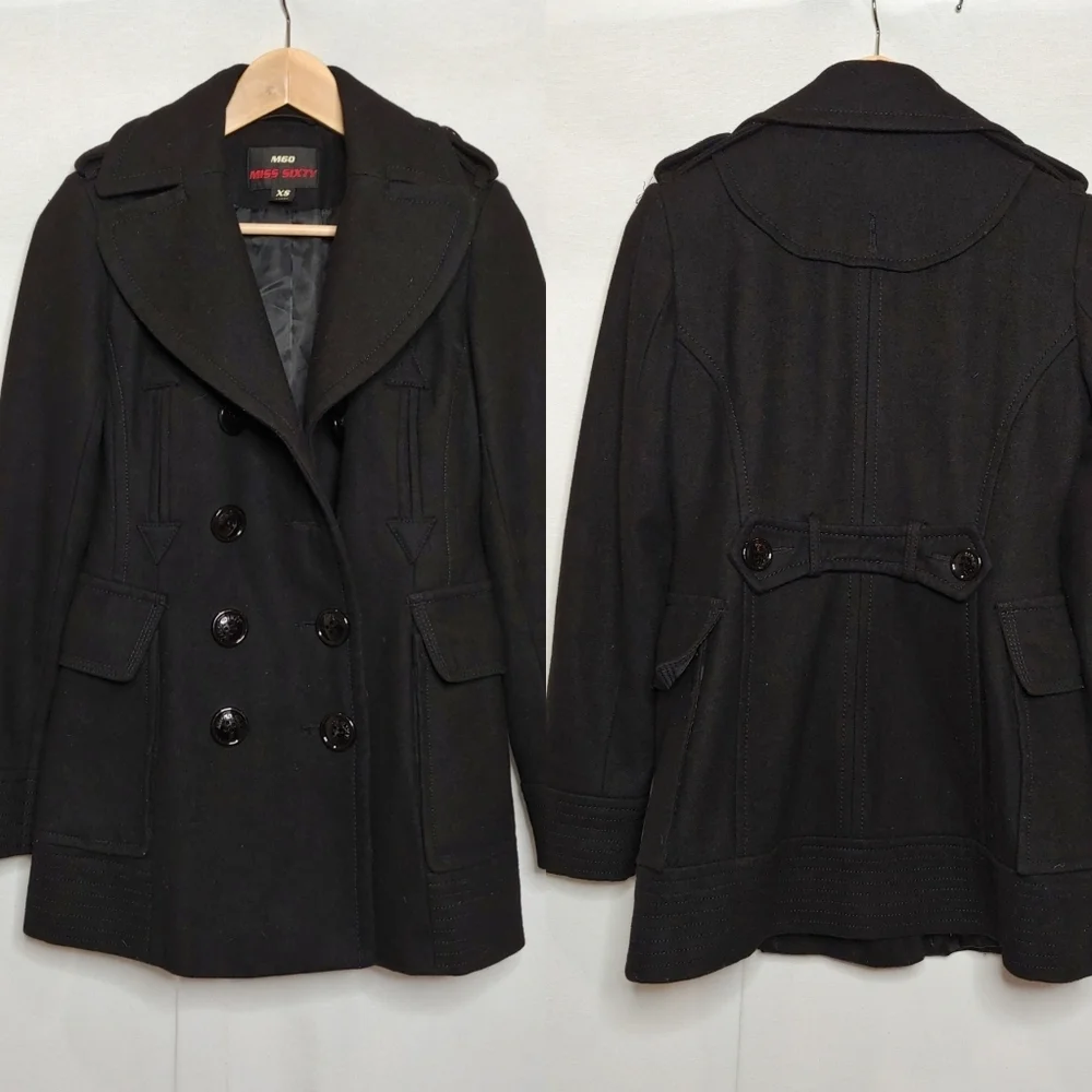 M60 Miss‎ Sixty Wool Blend Double Breasted Fitted Peacoat Black XS
